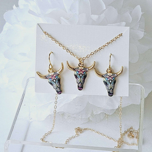 Enamel Bull Head Earring/Necklace Set