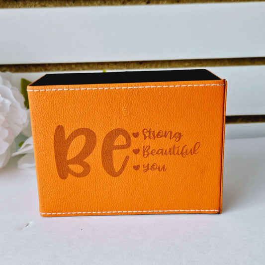 Engraved Leather Pen Cup Orange Be You
