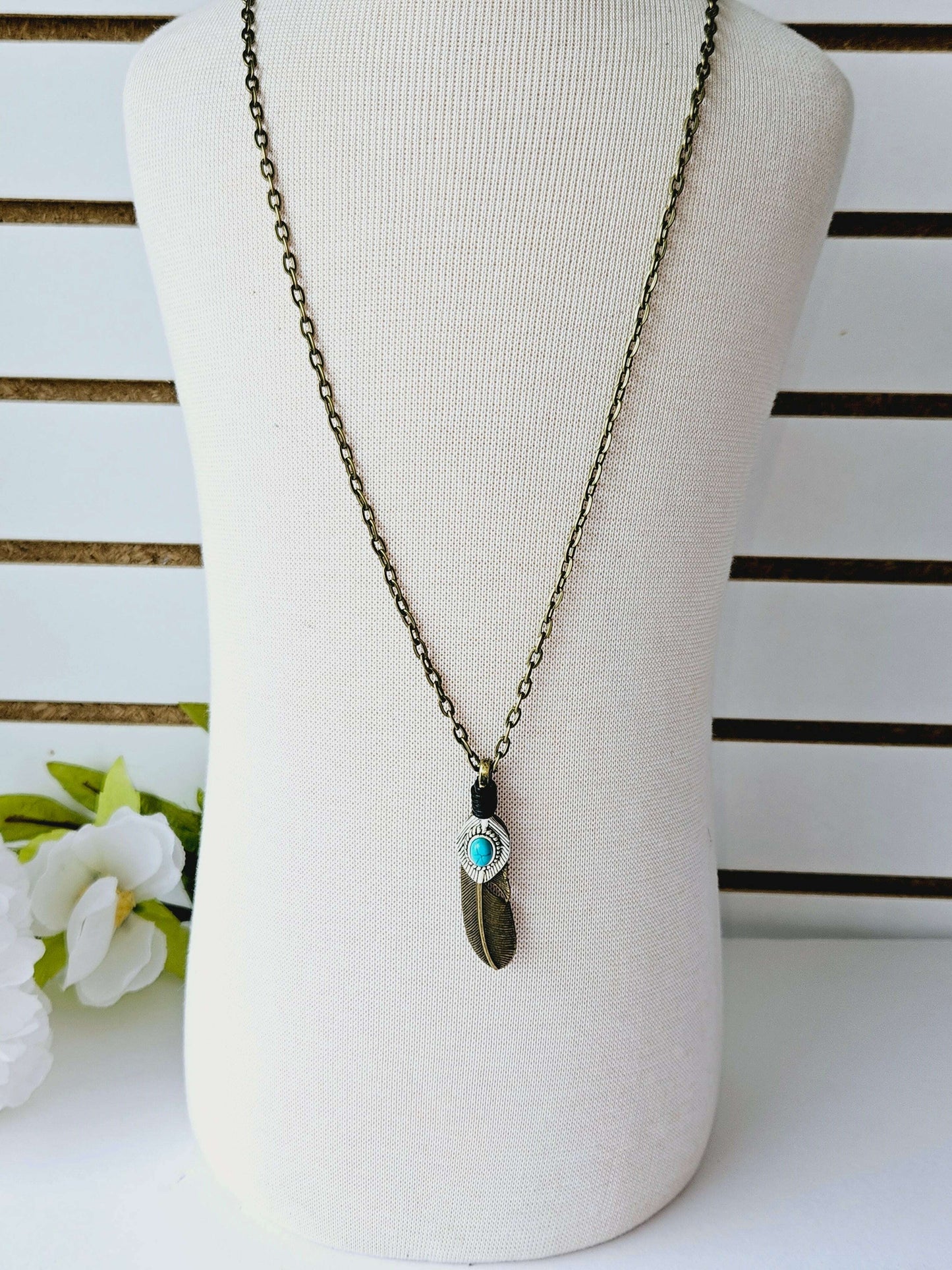 Feather and Turquoise Pendant Necklace