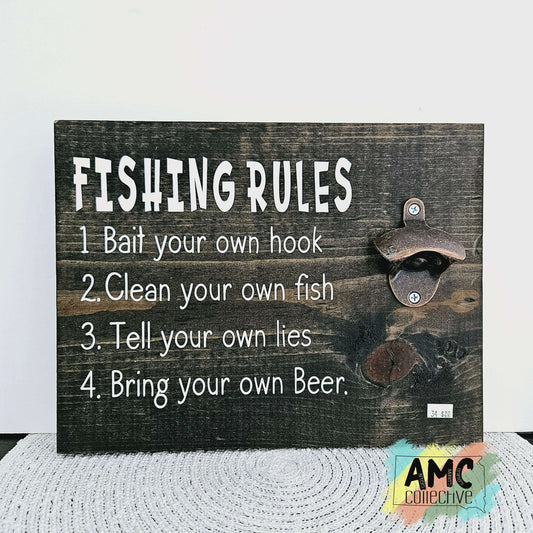 Fishing Rules Wood Sign with Bottle Opener