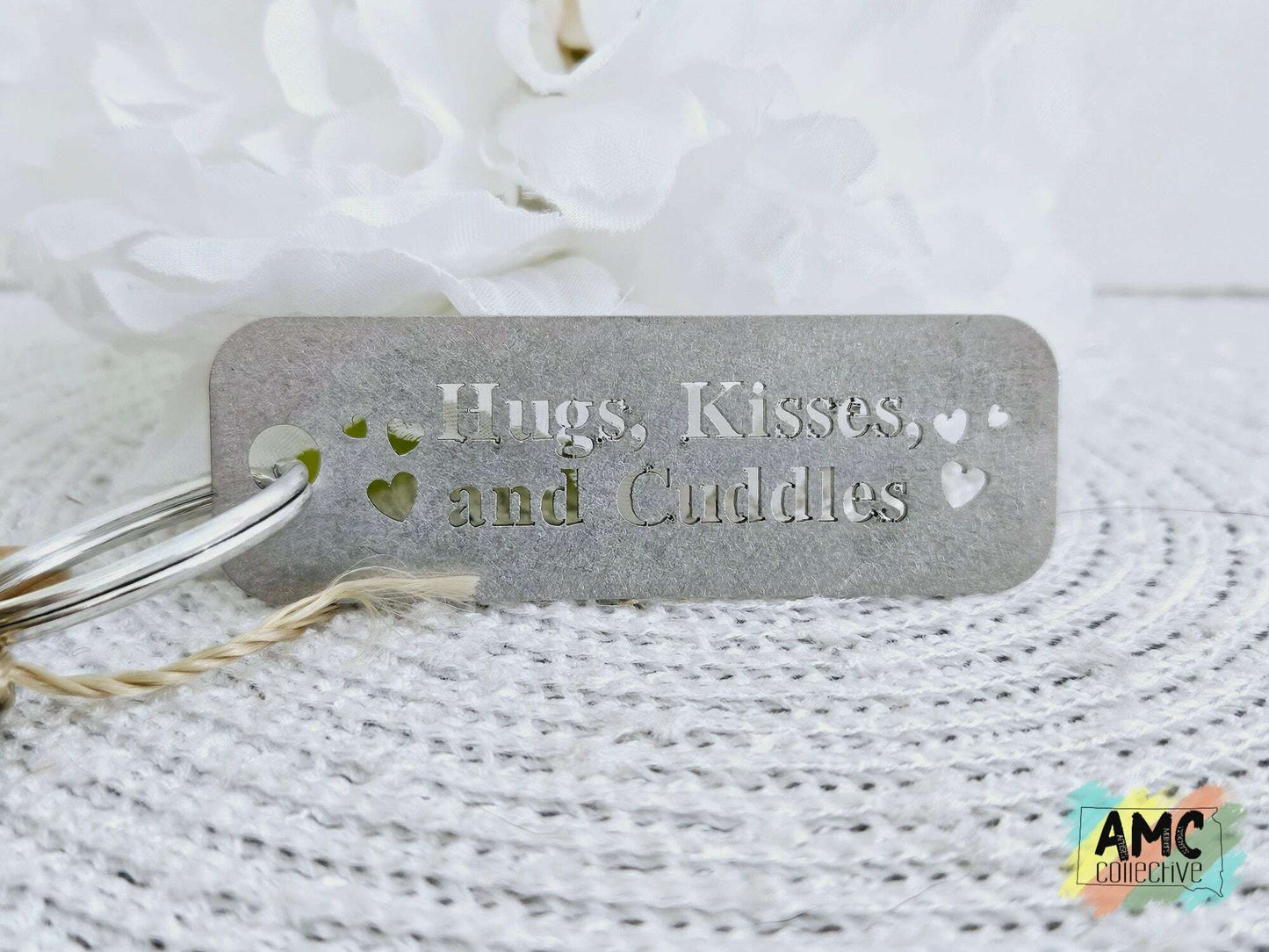 Hugs, Kisses, and Cuddles Cut Out Metal Keychain