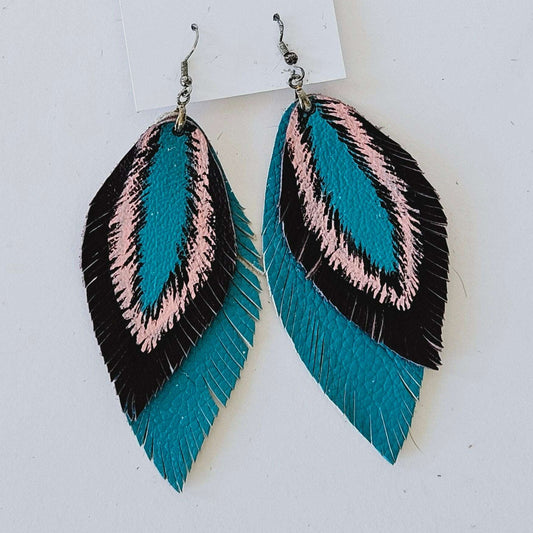 Double Feather Earrings - Turquoise Painted Feather