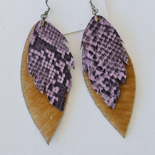 Double Feather Earrings - Purple Animal Print/Tan