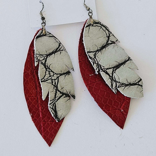 Double Feather Earrings - Red/Grey Animal Print