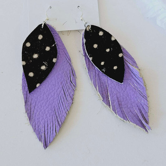 Double Feather Earrings - Black Polka Dot/Purple