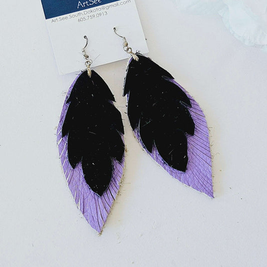 Double Feather Earrings - Black/Purple