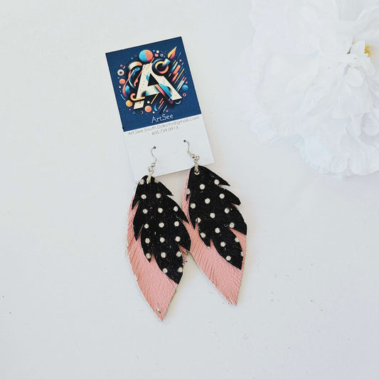 Pink/Black Dot Leather Earrings