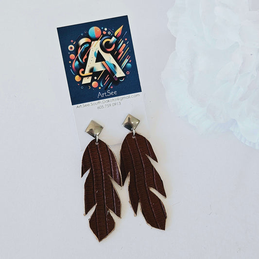 Brown Feather Leather Earrings