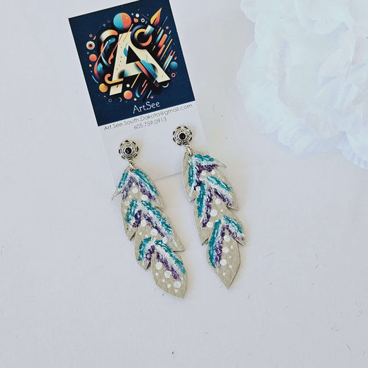 Painted Feather Leather Earring - Teal/Purple