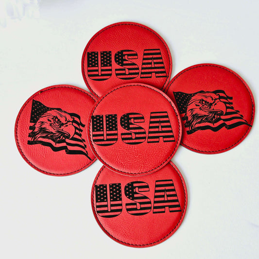 Leather Red USA Coaster Set
