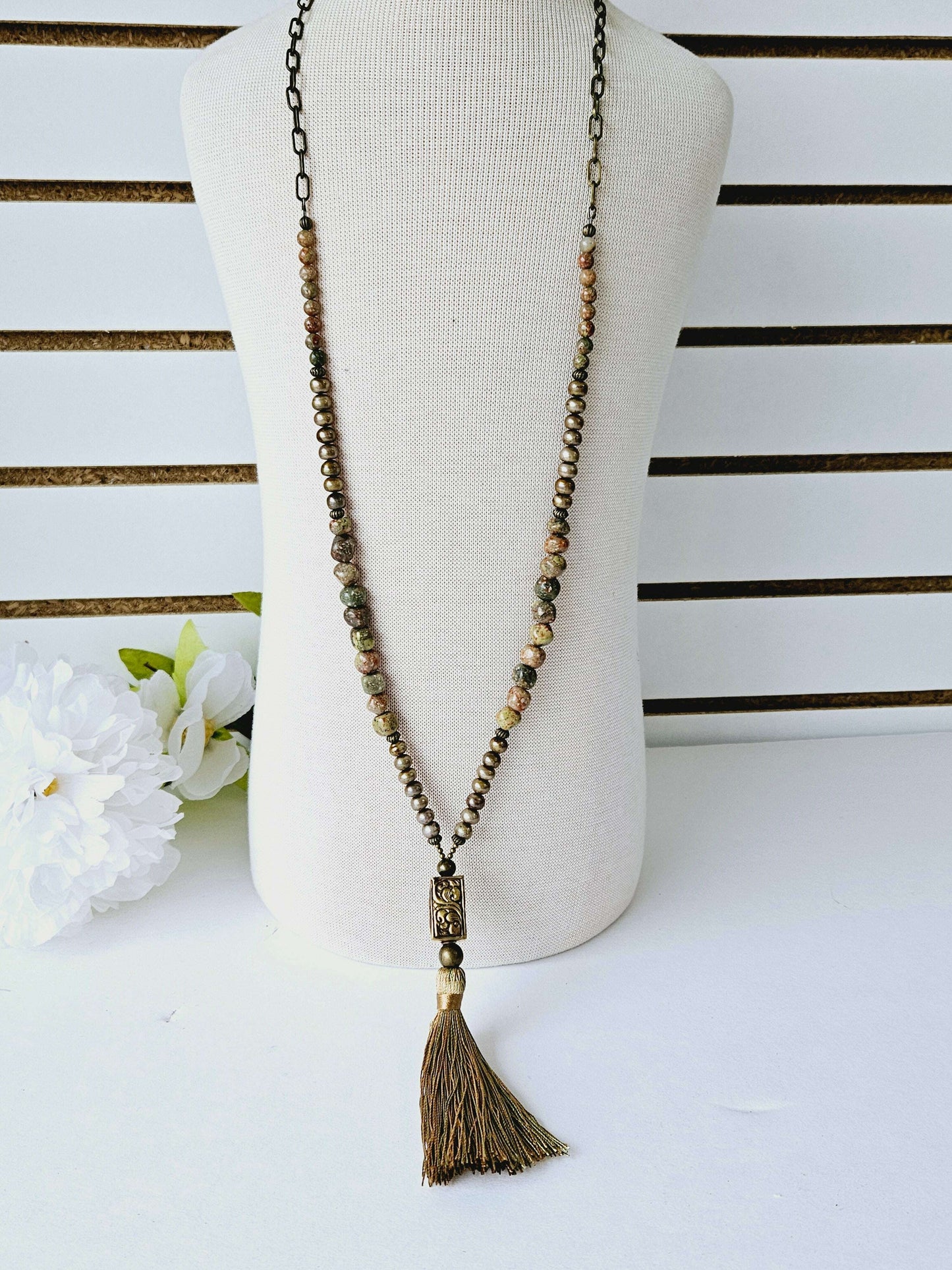 Ornate Bronze Bead and Tassel Necklace