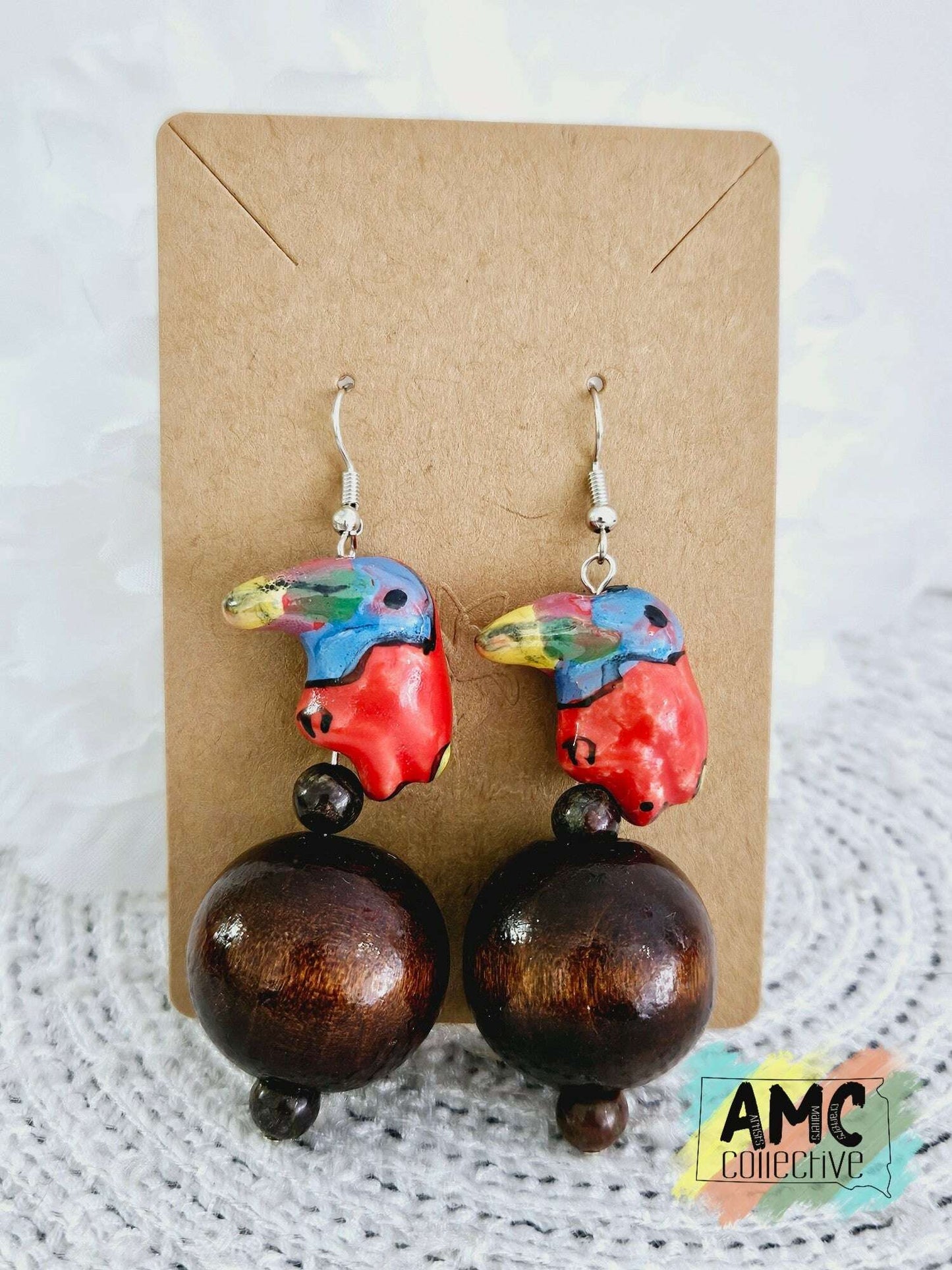 Parrot and Wood Bead Earrings