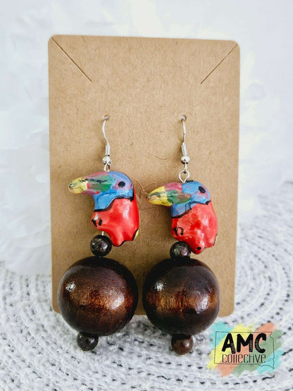 Parrot and Wood Bead Earrings