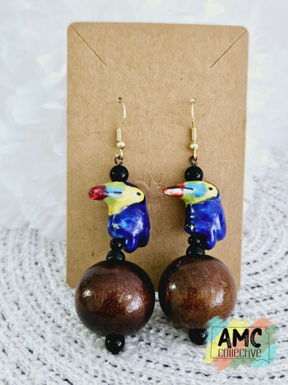 Parrot and Wood Bead Earrings