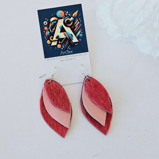 Red and Pink Triple Leather Earrings