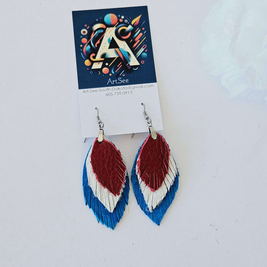 Red White and Blue Feather Leather Earrings