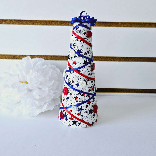 Red, White, and Blue with Buttons Fabric Collage Tree