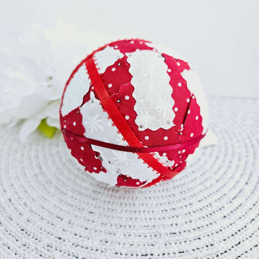 Red/White Collage Fabric Decor Balls - 3.5 in