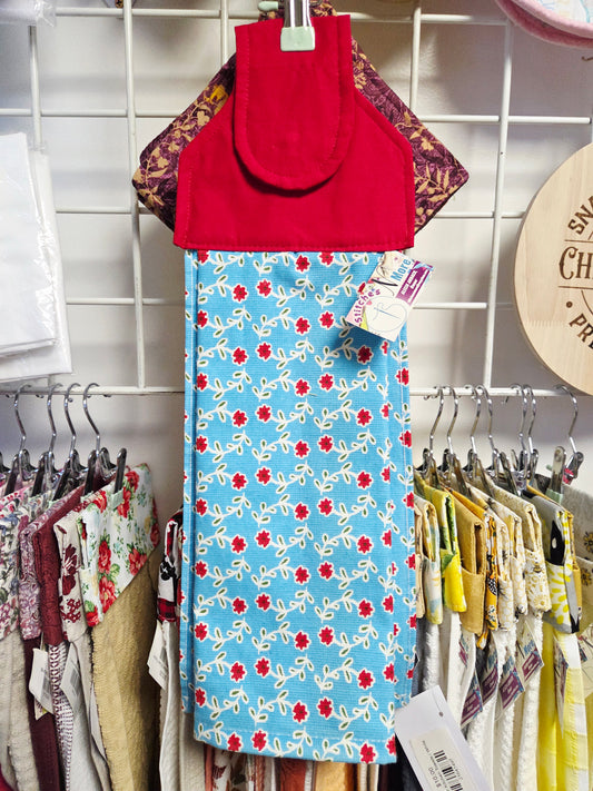 Red Top Teal Towel w/Red Flowers