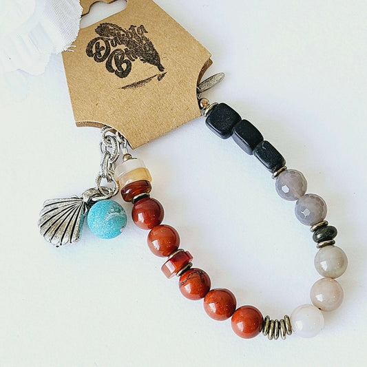 Rust/Grey Beaded Bracelet w/Seashell Charm