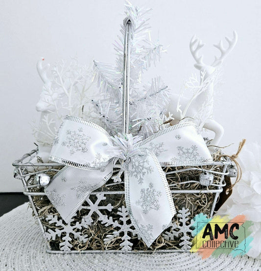 Silver Christmas Basket with White Reindeer