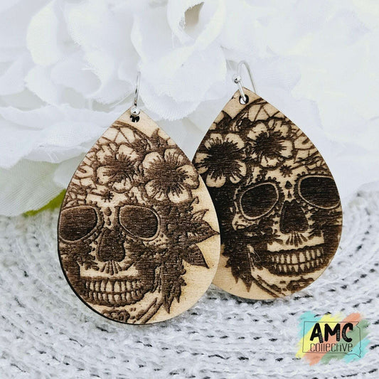 Skull and Flower Engraved Earrings