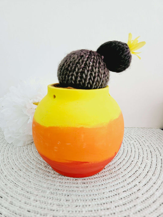 Sunset Pot with Knitted Ball Cactus