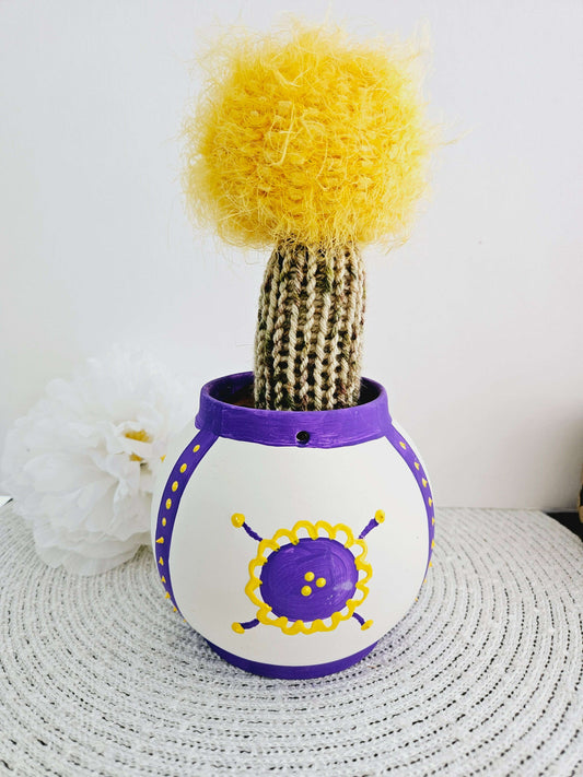 Tall Cactus with Yellow Ball and Purple Pot