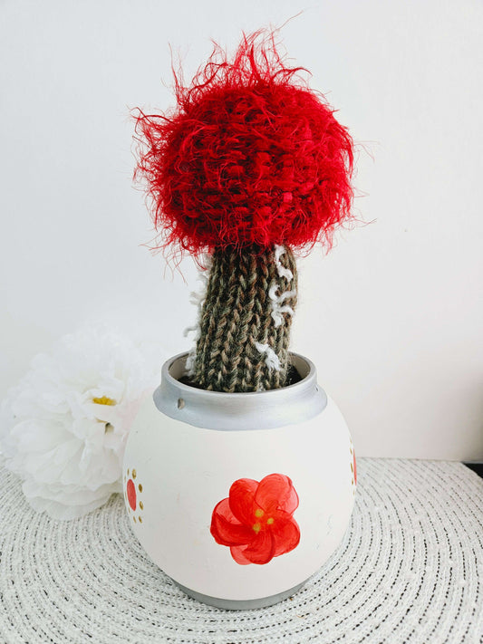 Tall Knitted Cactus with Red Floral Pot