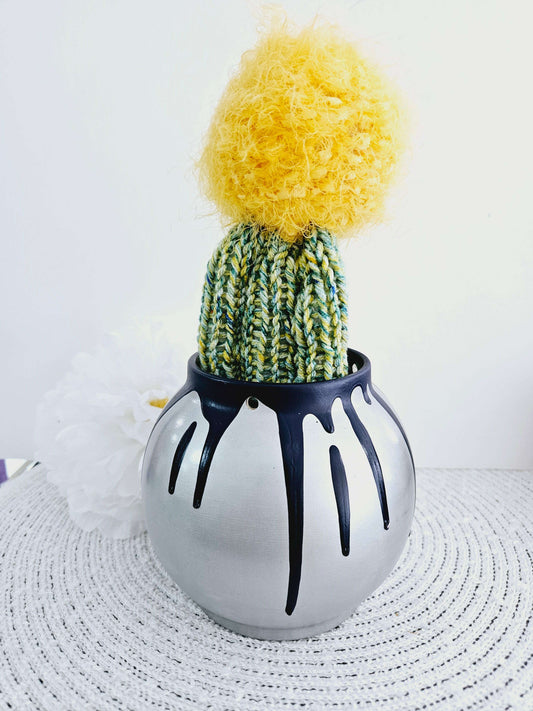Tall Knitted Triangle Cactus with Blue Drip Pot