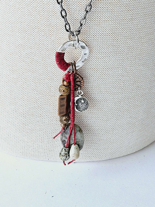 Tassel Necklace with Red Cord, Key and Moon Charms