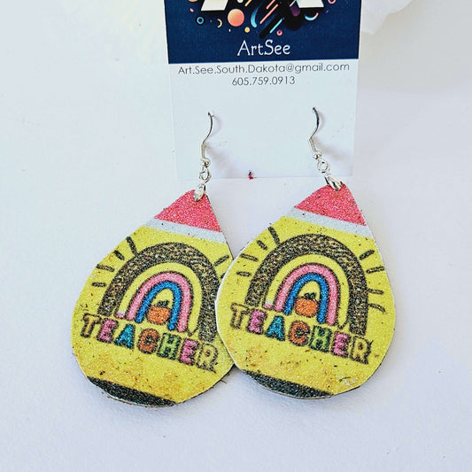 Teacher Tear Drop Glitter Leather Earrings