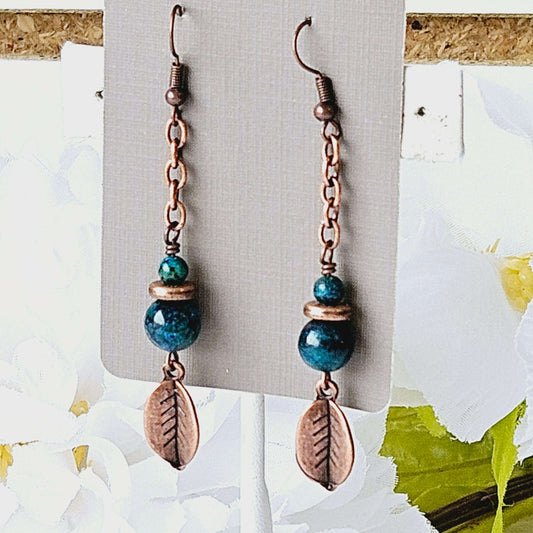 Teal Bead and Leaf Earrings