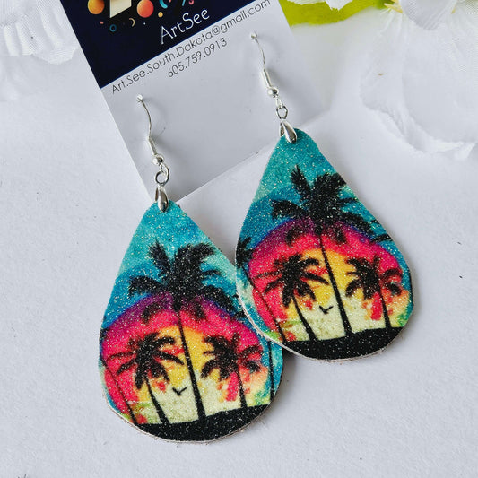 Palm Tree Glitter Leather Earrings