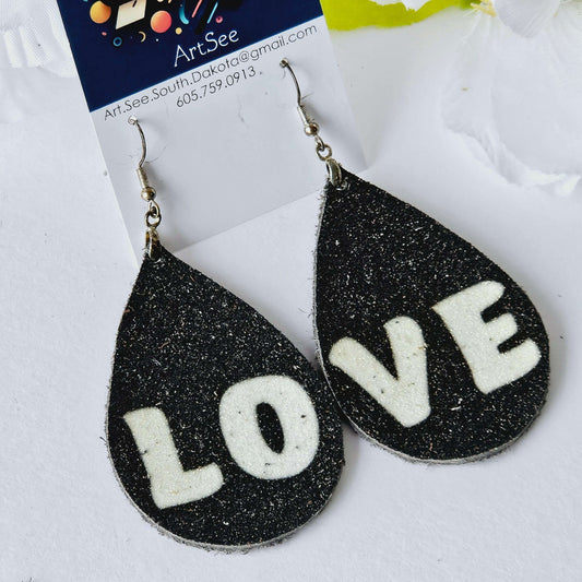 Love Tear Drop Glitter Leather Earrings