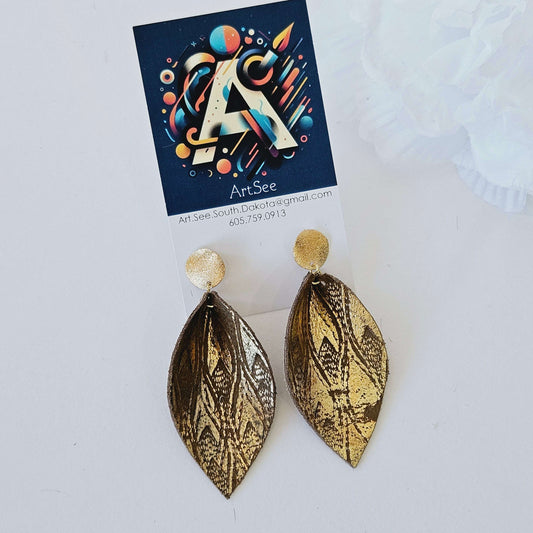 Teardrop Single Leather Earrings - Gold