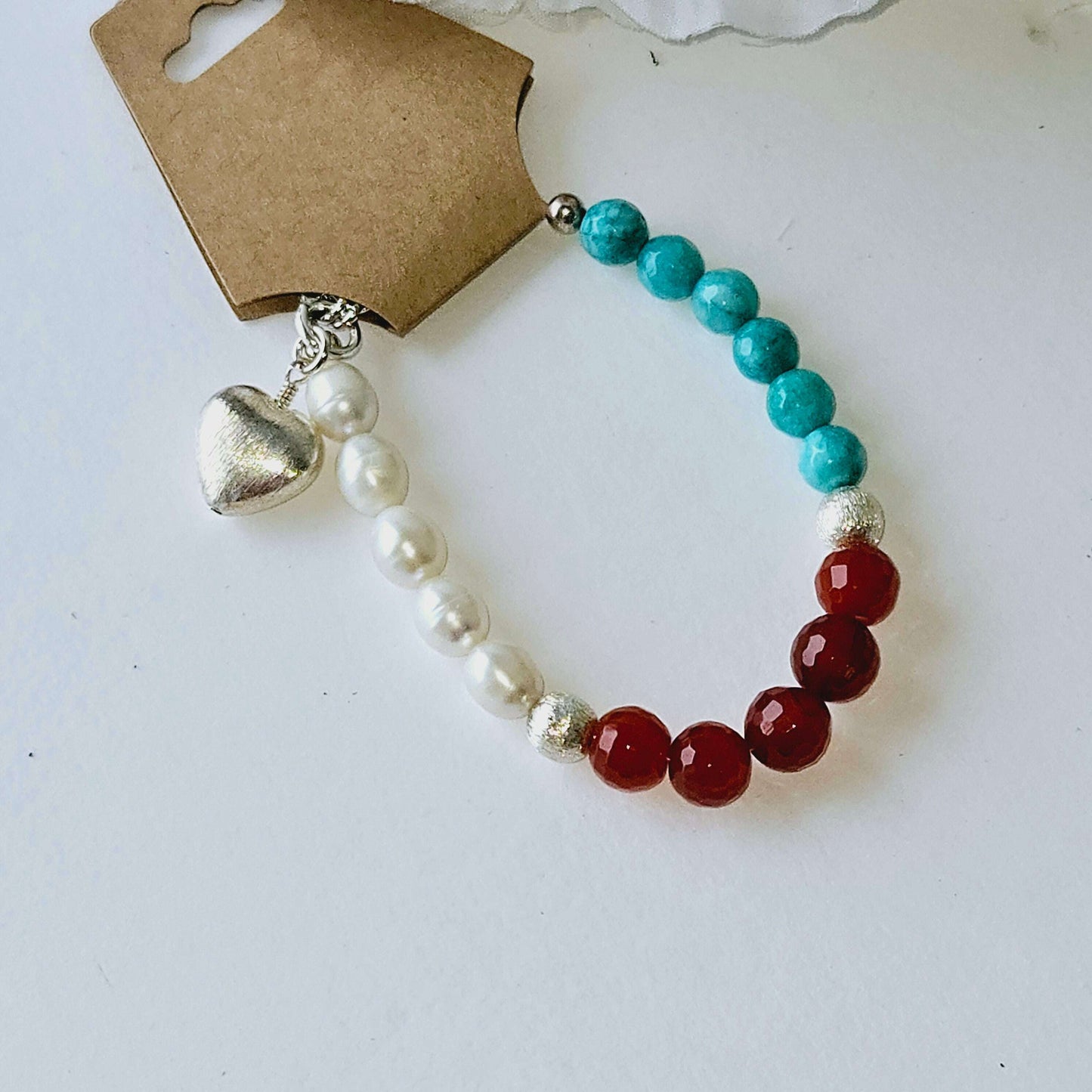 Turquoise, White, Red Beaded Bracelet