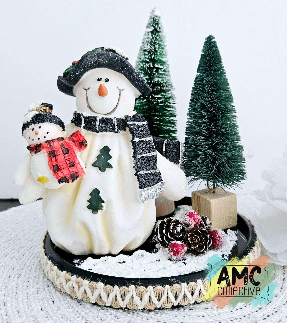 White Snowman With Green Trees