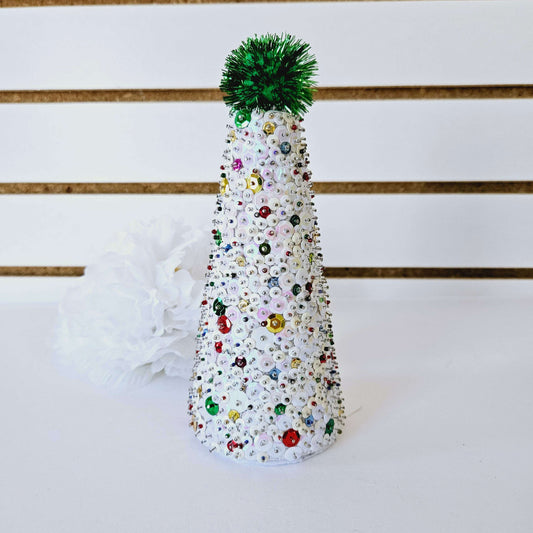 White with Green Beaded Sequin Tree