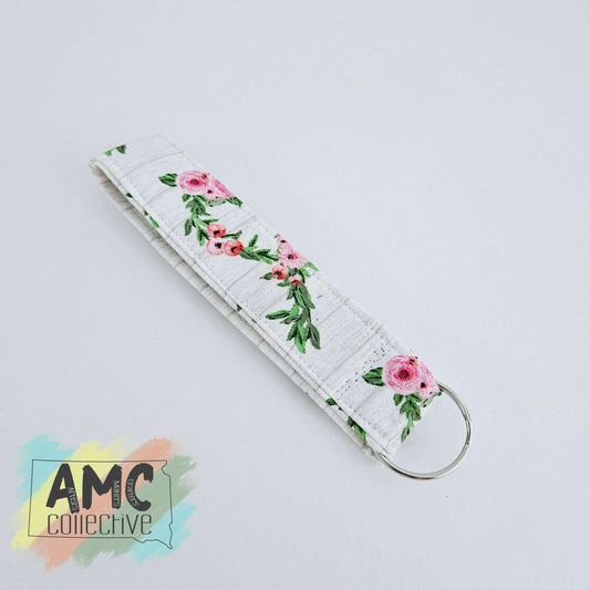 White with Pink Floral Key Fob