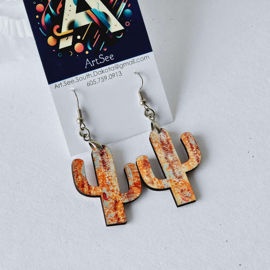 Wood Cactus Drop Earrings